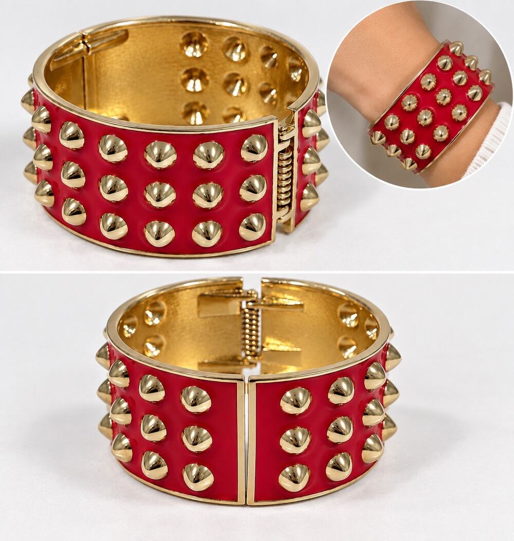 Sequin red Studded Hinged Cuff enamel gold plated Bracelet 3 Row Statement